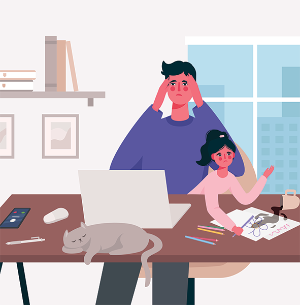 Illustration of adult sitting with child on lap while trying to work.